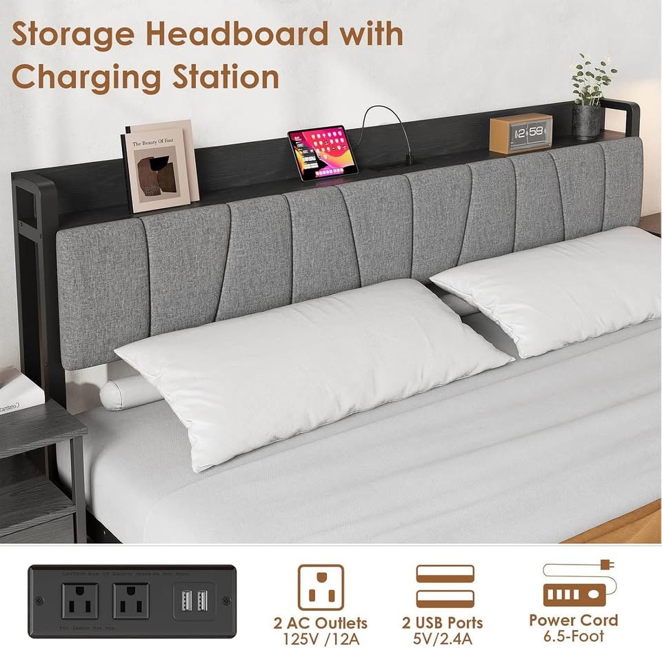 Full/Double Upholstered Bed Frame w/ Charging Station & Drawers - photo 2