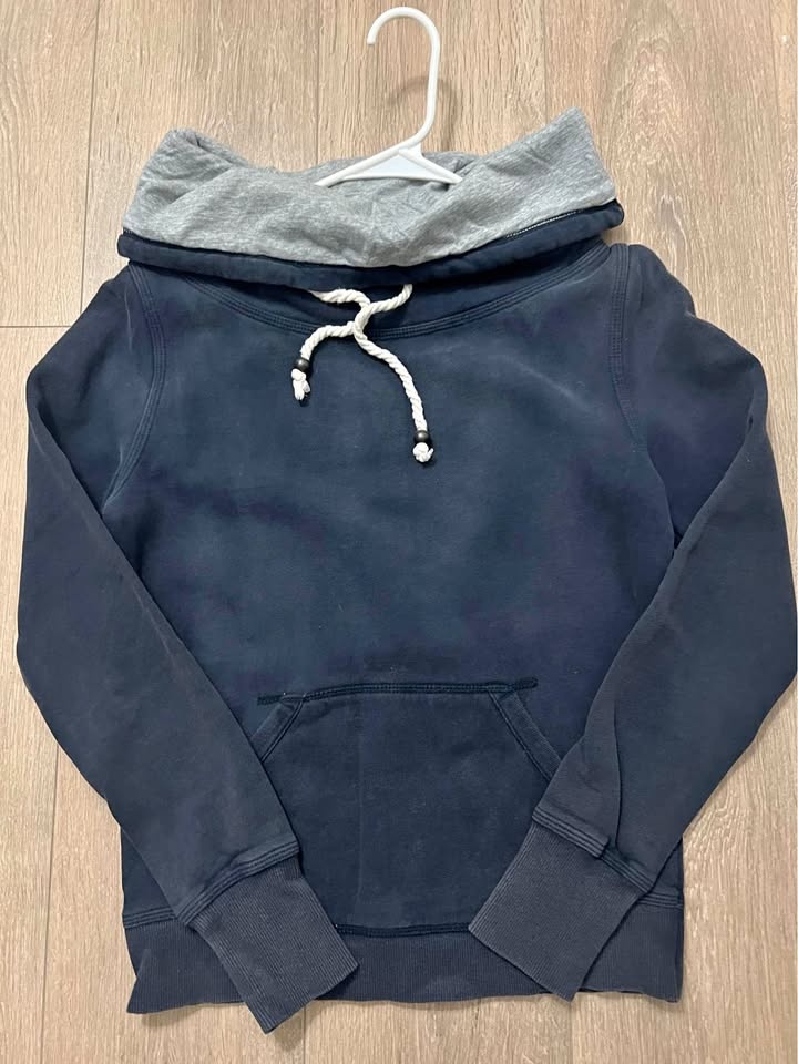 Navy Blue Cowl Neck Hoodie with Thick Drawstrings - S size