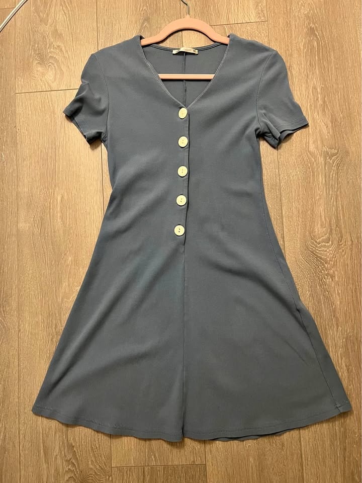 Blue Ribbed Button-Front Short Sleeve Mini Dress - Size S - photo 2