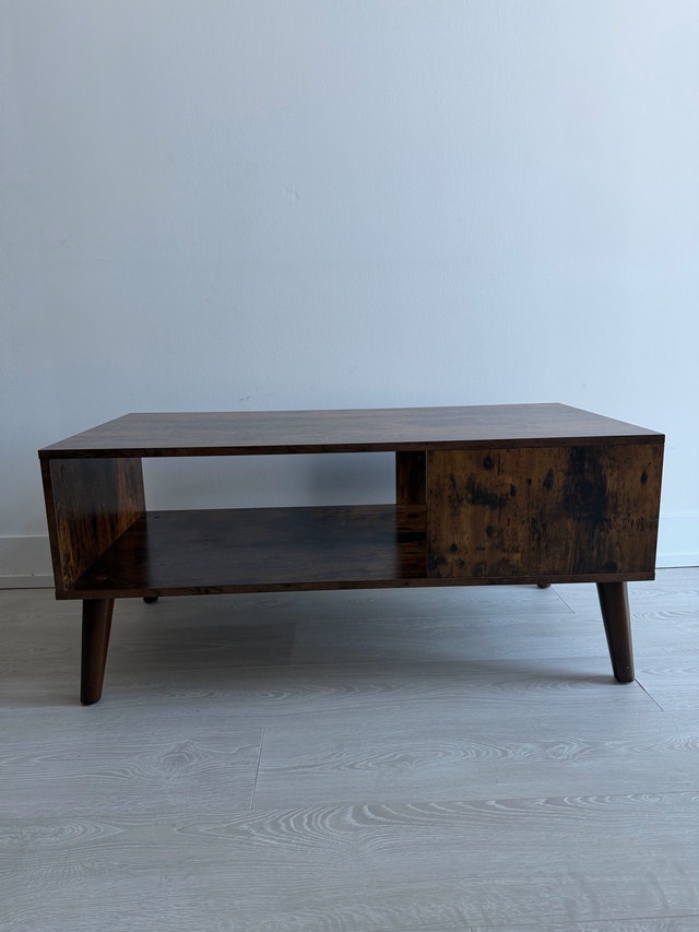Rustic Brown Mid-Century Modern Coffee Table with Shelf