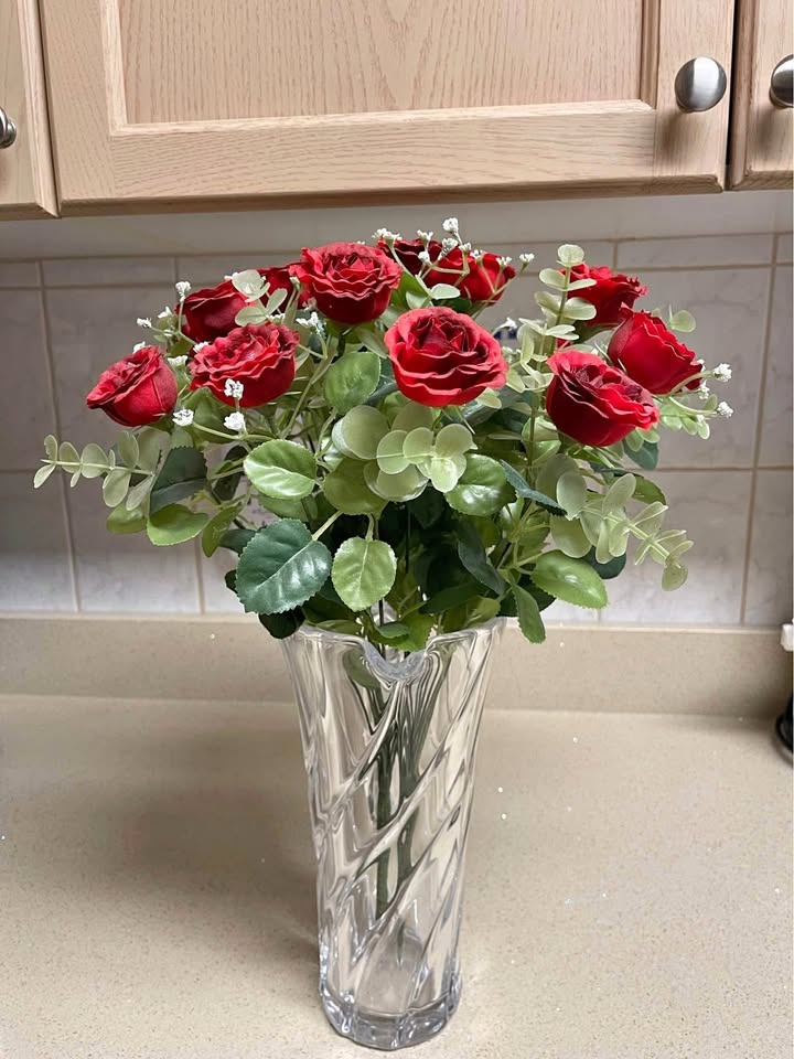 Heavy Clear Cut Glass Pitcher with Plastic Flowers Set
