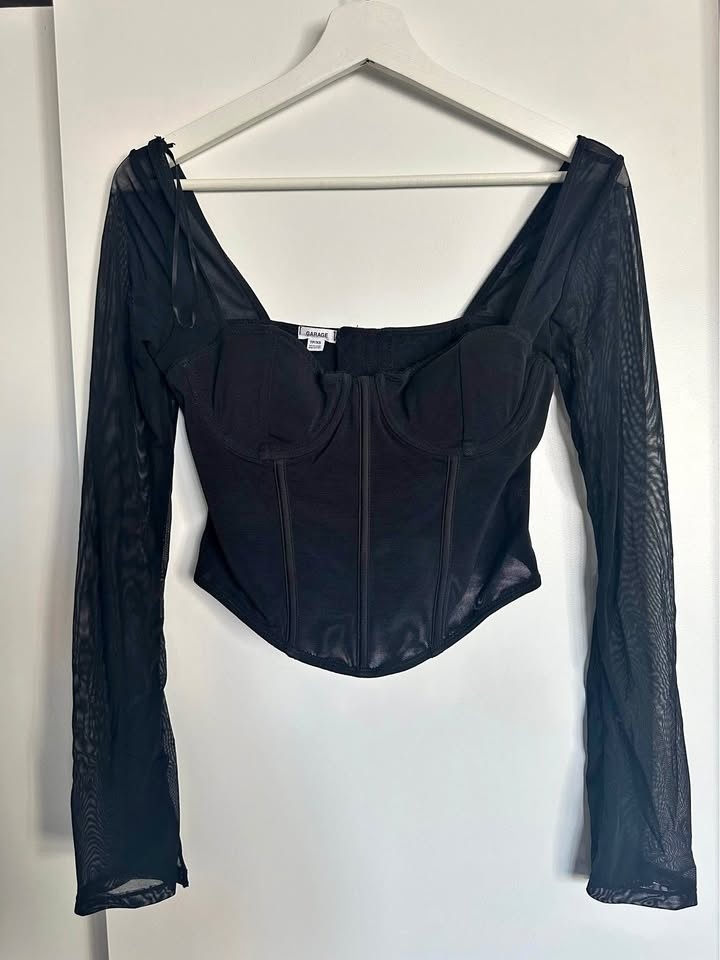 Garage Black Corset Top with Mesh Sleeves