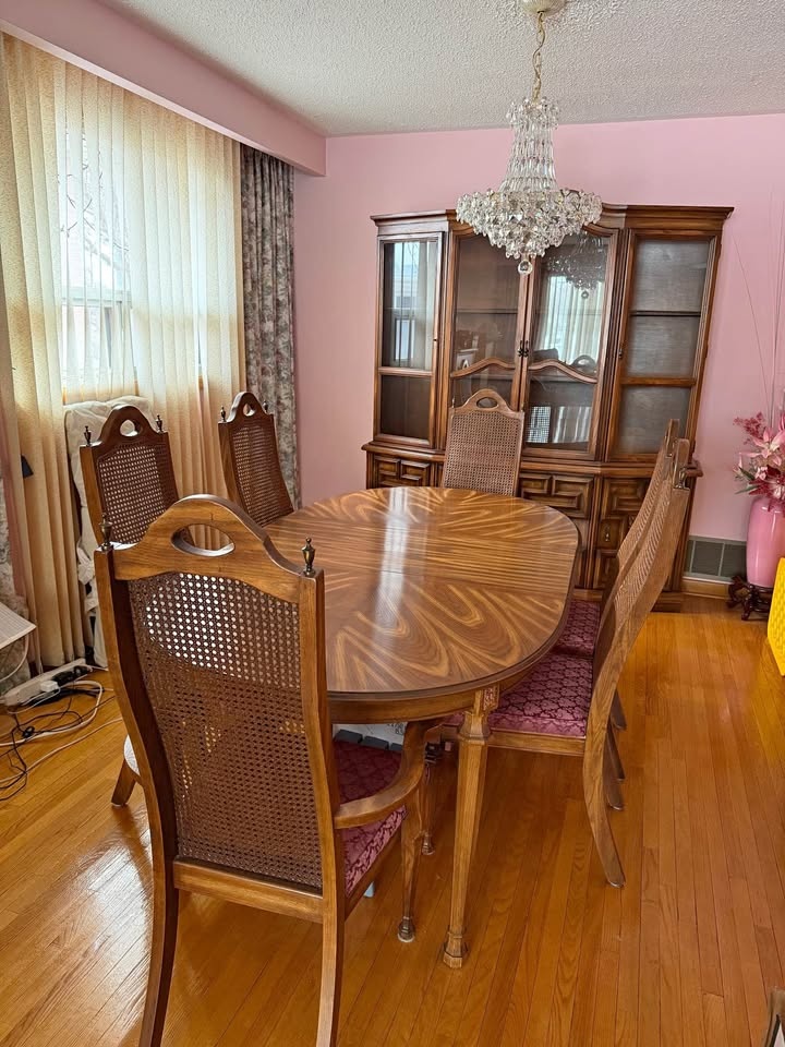 1970s Solid Wood Dining Set - Table, 6 Chairs, China Cabinet