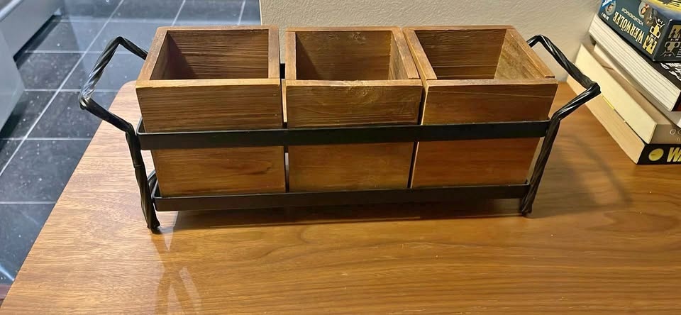 Rustic Wooden Caddy with 3 Boxes & Metal Stand