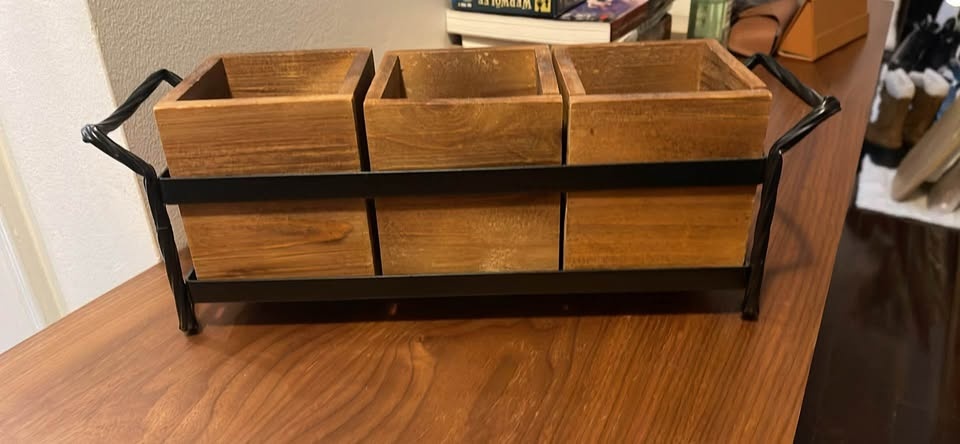 Rustic Wooden Caddy with 3 Boxes & Metal Stand - photo 2