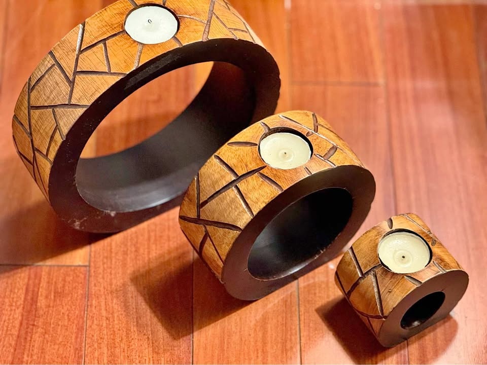 Hand-Carved Nesting Wooden Candle Holders - Set of 3 - Rustic Ch