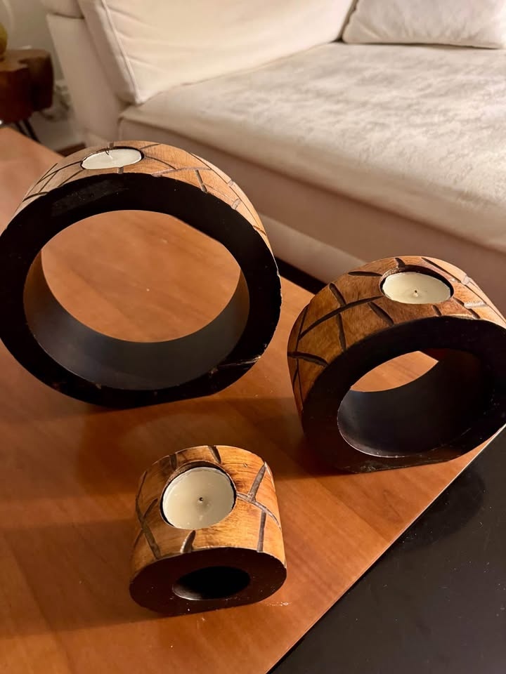 Hand-Carved Nesting Wooden Candle Holders - Set of 3 - Rustic Ch - photo 2