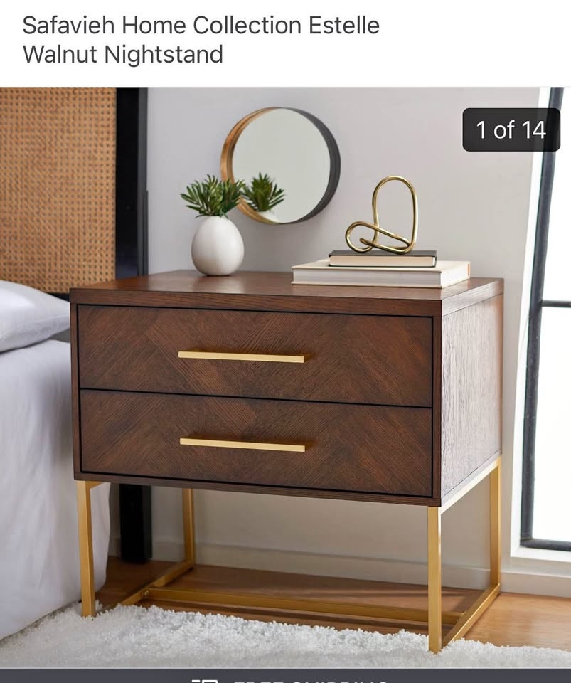 Contemporary Oak Storage Table Nightstands with Brass Accents
