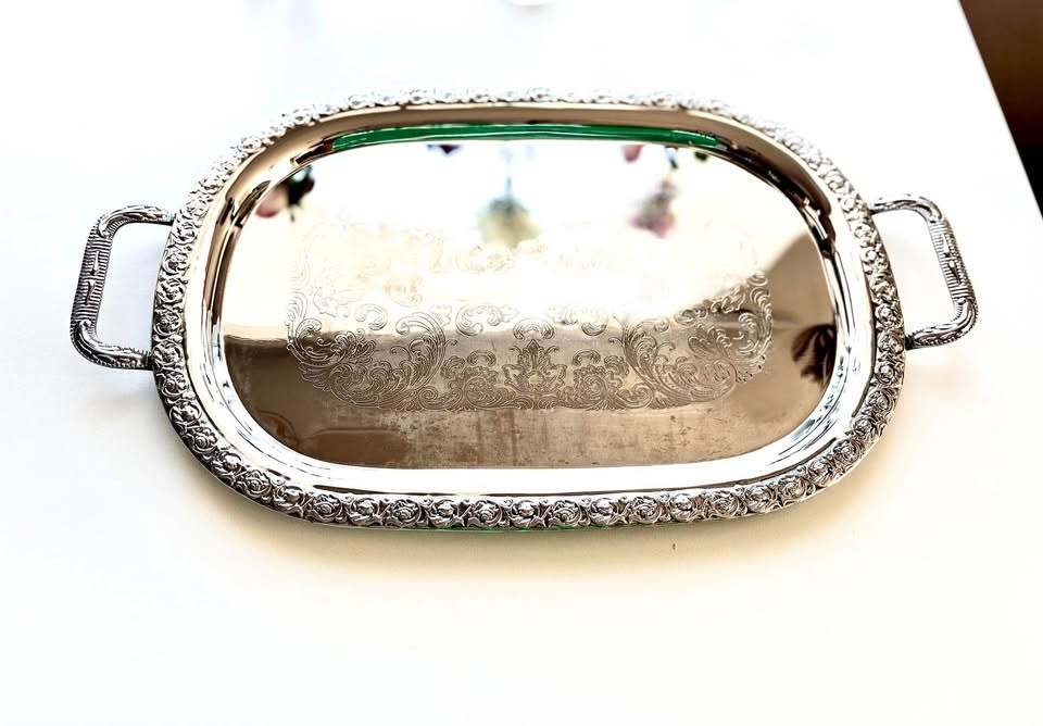 Ornate Silver Plated Serving Tray with Handles