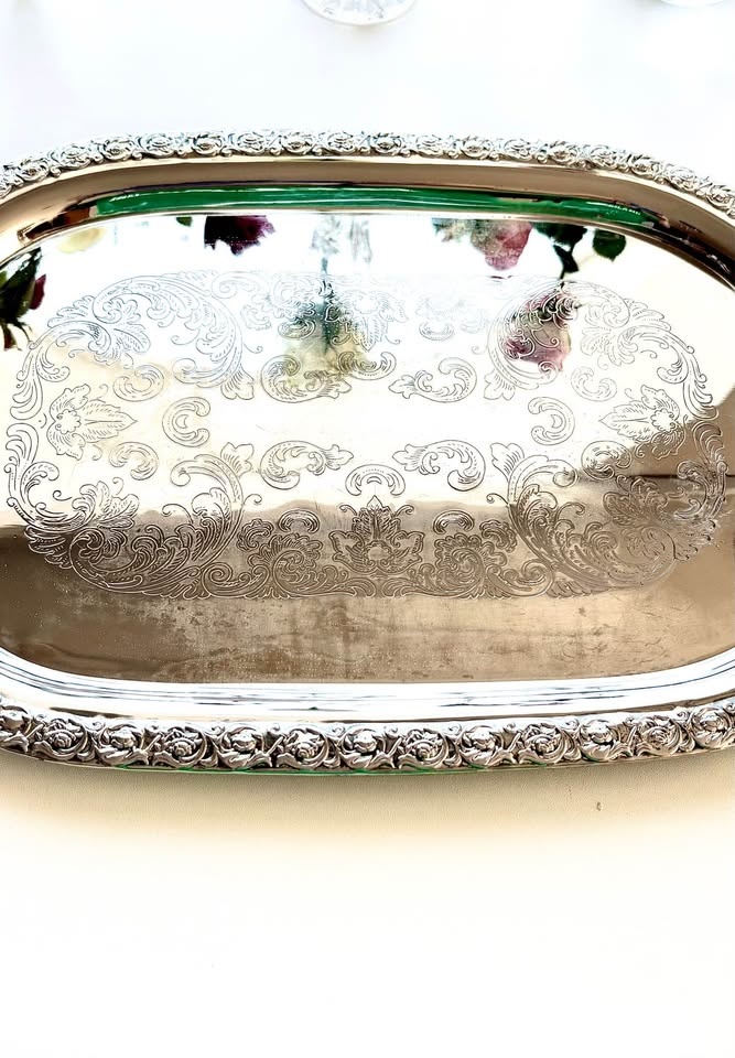 Ornate Silver Plated Serving Tray with Handles - photo 2