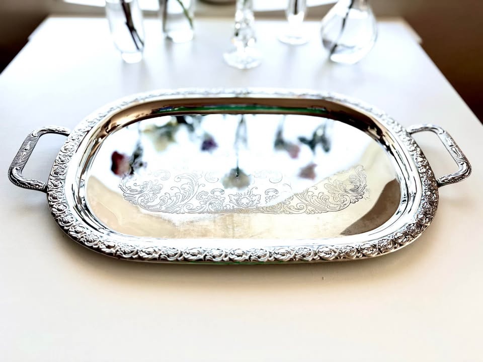 Ornate Silver Plated Serving Tray with Handles - photo 3