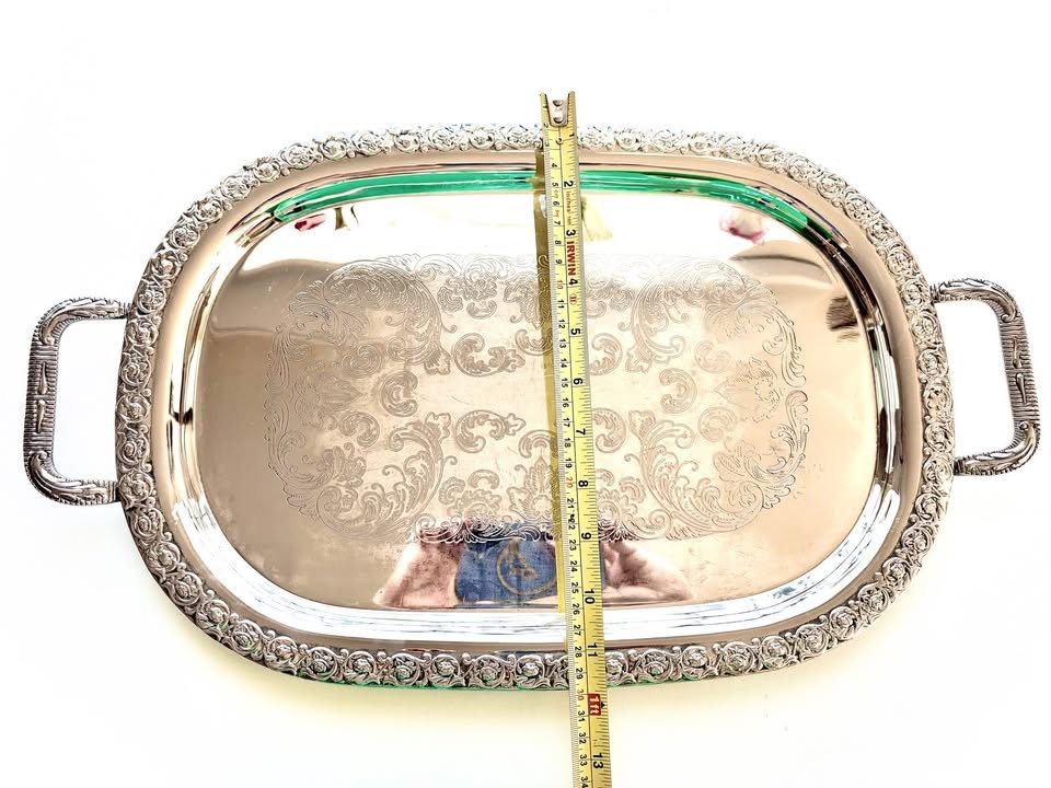 Ornate Silver Plated Serving Tray with Handles - photo 4