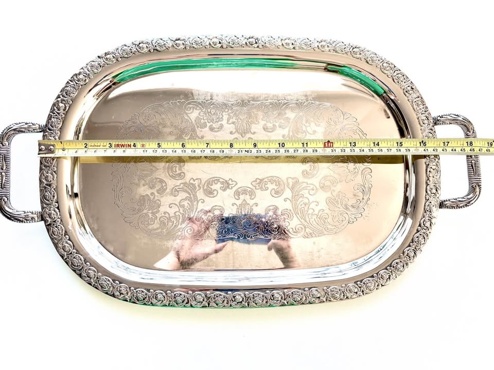 Ornate Silver Plated Serving Tray with Handles - photo 5