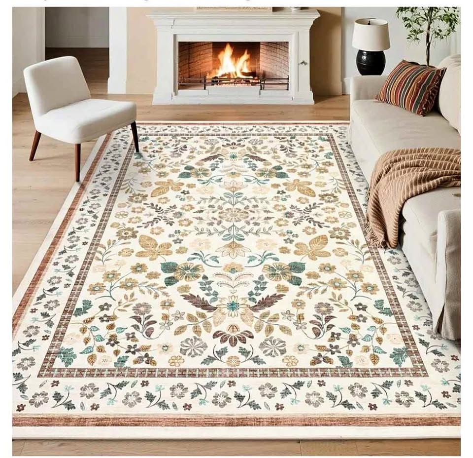 9x12 Washable Beige Modern Floral Area Rug - New