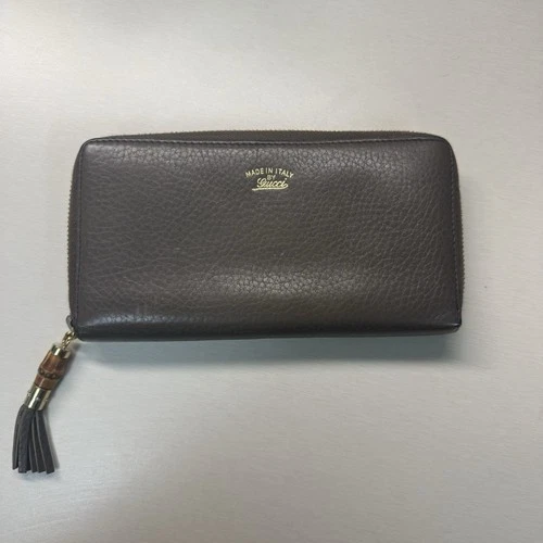 GUCCI Bamboo Tassel Swing Leather Zip Around Wallet Brown-Gray