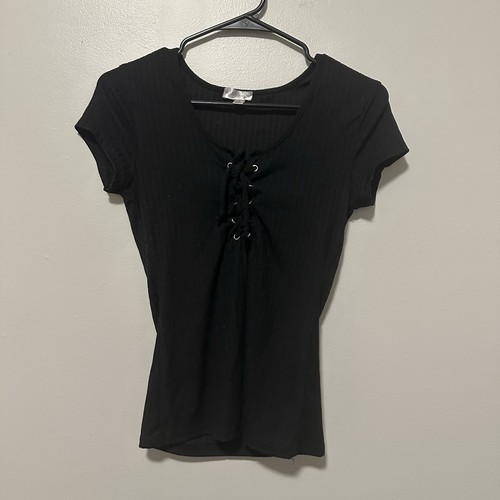 ORANGE KISS Womens Black Lace Bow Tie Ribbed T Shirt Size S