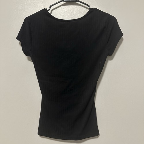 ORANGE KISS Womens Black Lace Bow Tie Ribbed T Shirt Size S - photo 3