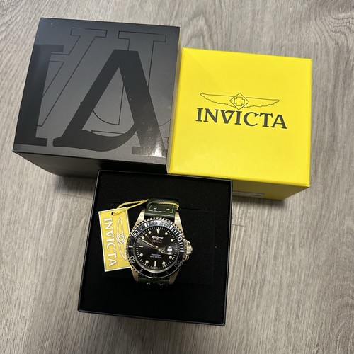 Invicta Pro Diver Watch - Black Dial, Green Leather