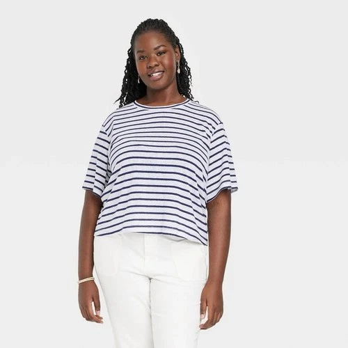 UNIVERSAL THREAD Womens Boxy Blue Stripe Short Sleeve T Shirt Si