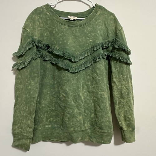 RARE BIBI 100% COTTON Crew Neck Heathered Green Fringe Sweatshir
