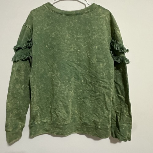 RARE BIBI 100% COTTON Crew Neck Heathered Green Fringe Sweatshir - photo 2