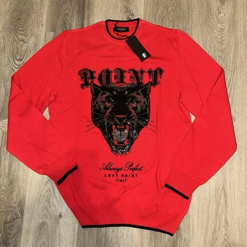 LEFT POINT ITALY Red & Black Rhinestone Crewneck Knit Size L
