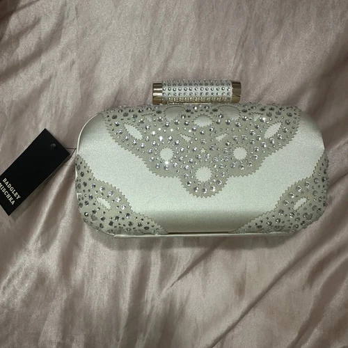 Badgley Mischka Off White Clutch Purse w/ Gold Chain & Diamond D