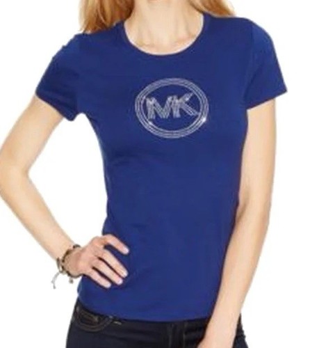 MICHAEL KORS Blue Studded MK Logo Rhinestone Womens Top T Shirt