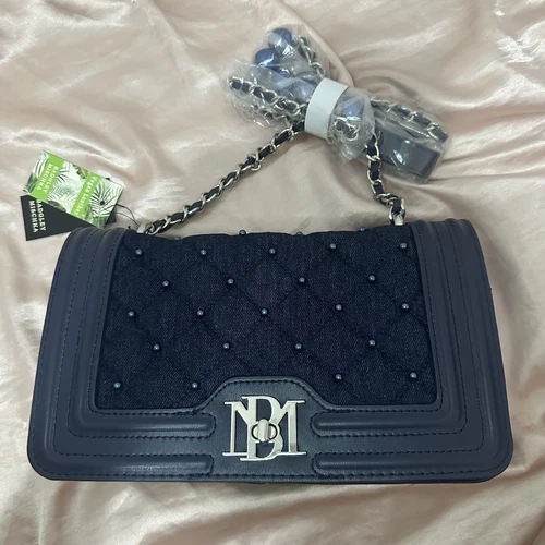 Badgley Mischka Denim Pearls Crossbody Bag - Blue Quilted Jean