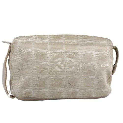 CHANEL Authentic Beige Grid Pattern Travel Pochette