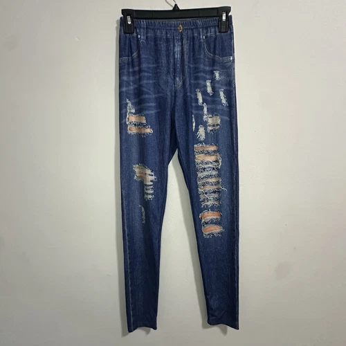 Dark Blue Jean Style Pattern Printed Leggings Womens Size S