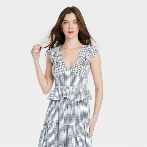 NWT UNIVERSAL THREAD Womens Flutter Sleeve Blouse Blue Check Gin