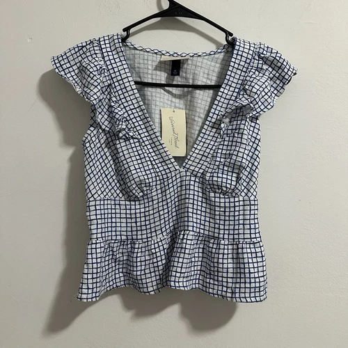 NWT UNIVERSAL THREAD Womens Flutter Sleeve Blouse Blue Check Gin - photo 2