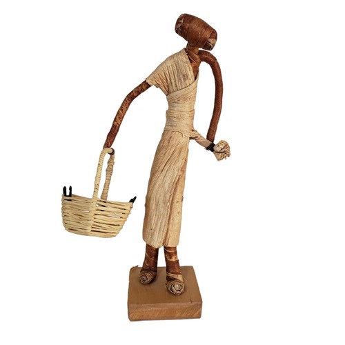 Vintage African Figure Women Wicker Basket Handmade Wood Banana