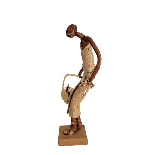 Vintage African Figure Women Wicker Basket Handmade Wood Banana - photo 2