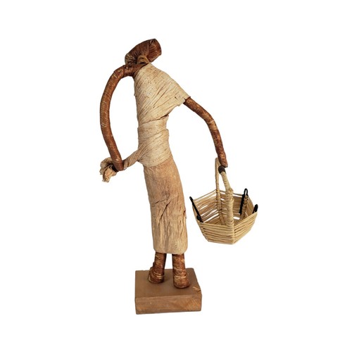 Vintage African Figure Women Wicker Basket Handmade Wood Banana - photo 3