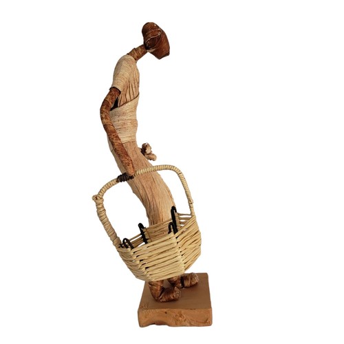 Vintage African Figure Women Wicker Basket Handmade Wood Banana - photo 4