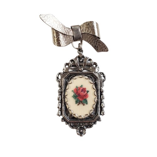 Vintage Needlepoint Rose Brooch - 1970s Floral Bow Pendant Pin