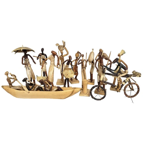 Vintage African Primitive Figures Set of 13 Handmade Wood Banana