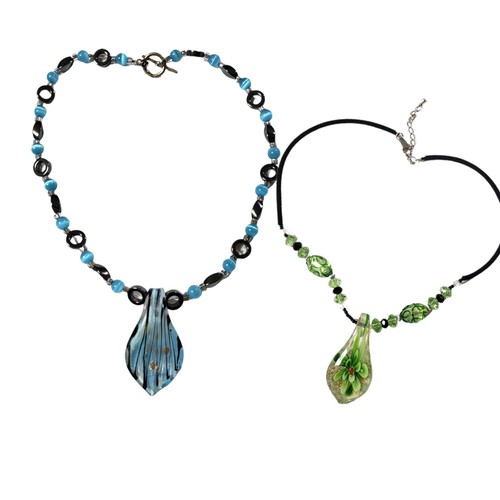 Pair Of Vintage Resin Enamel Necklaces Blue Green