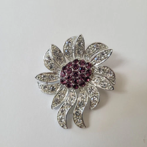 Vintage Celebrity NY Purple Rhinestone Floral Brooch Pin Estate
