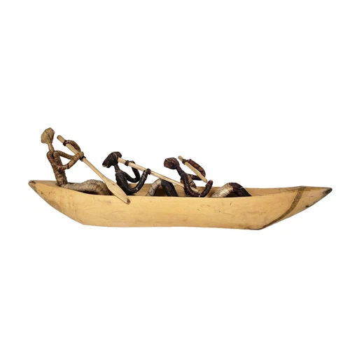 Vintage African Figures Boys in Boat Handmade Wood Canoe