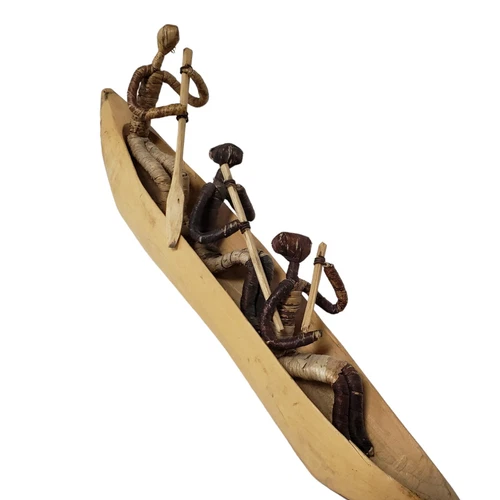 Vintage African Figures Boys in Boat Handmade Wood Canoe - photo 2