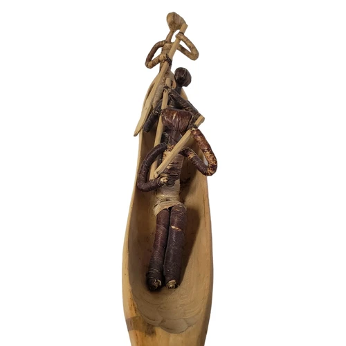Vintage African Figures Boys in Boat Handmade Wood Canoe - photo 3