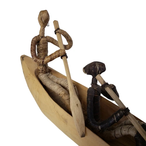 Vintage African Figures Boys in Boat Handmade Wood Canoe - photo 4