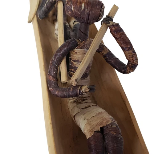 Vintage African Figures Boys in Boat Handmade Wood Canoe - photo 5