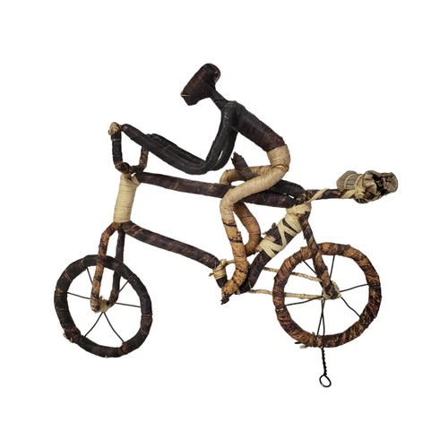 Vintage African Figure Bicycle Art Handmade Banana Fiber REED