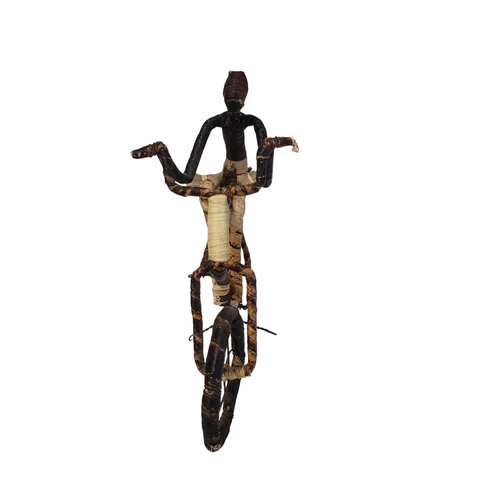 Vintage African Figure Bicycle Art Handmade Banana Fiber REED - photo 2
