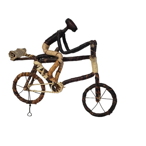 Vintage African Figure Bicycle Art Handmade Banana Fiber REED - photo 3