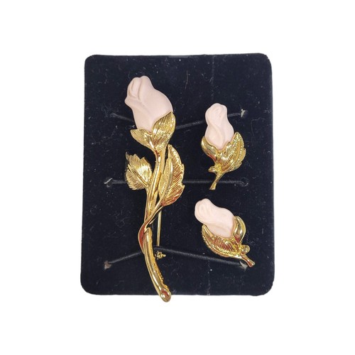 Avon Brooch Pin Earrings Set Pink Genuine Porcelain Rose Gold To